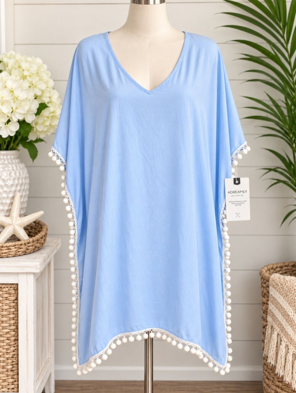 ADREAMLY Light Blue Pom-Pom Poncho Cover-Up • M/L • NWT